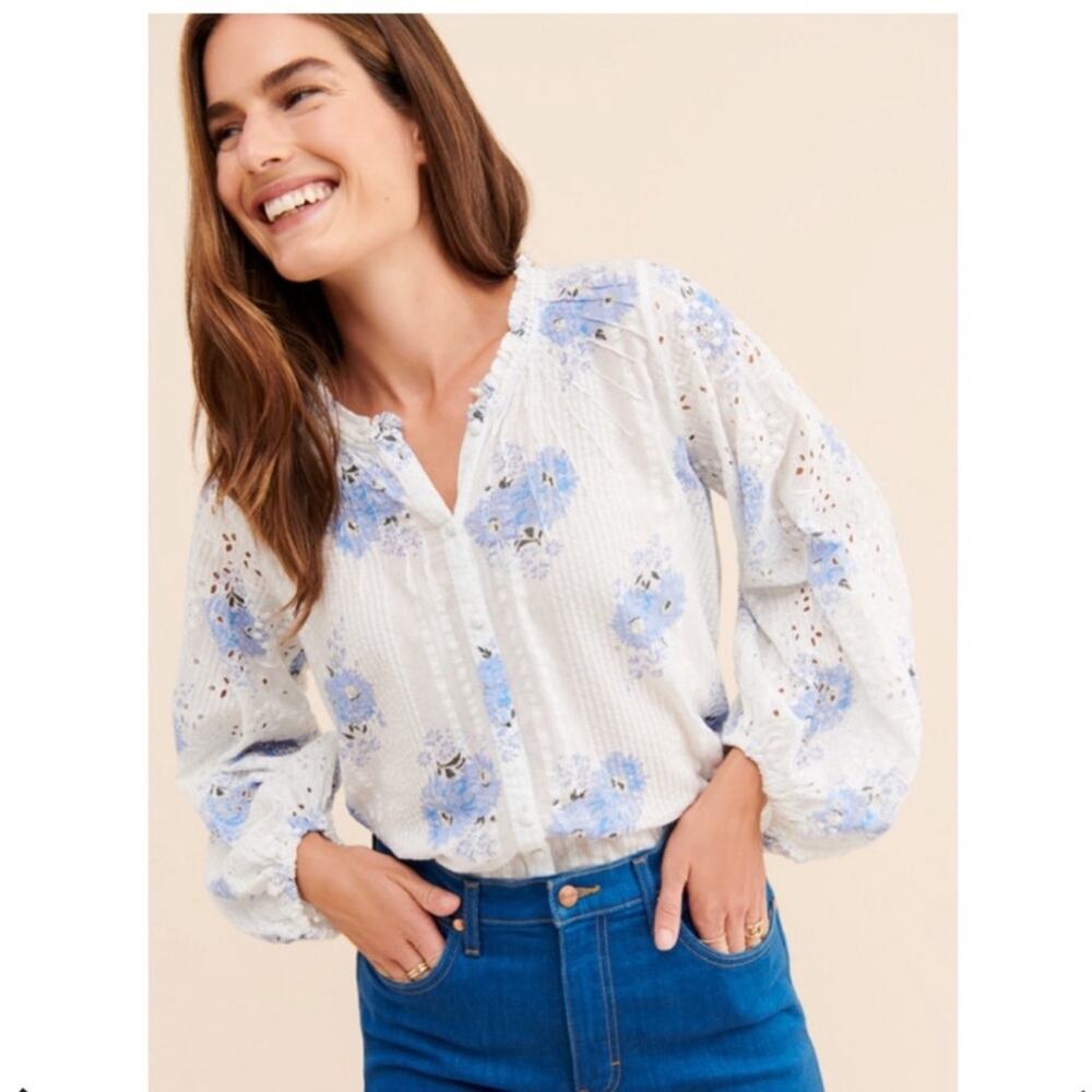 LoveShackFancy Spectra Floral Button down eyelet blouse white cotton blue floral